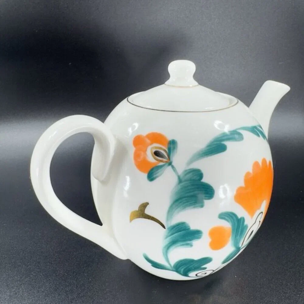 Anthropologie Stoneware‎ Ceramic Teapot Carafe Tea Pot With Green Orange Flowers